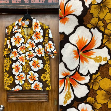 Vintage 1960’s Size L Tiki Floral Mod Barkcloth Cotton Hawaiian Shirt, 60’s Loop Collar Shirt, Vintage Clothing 