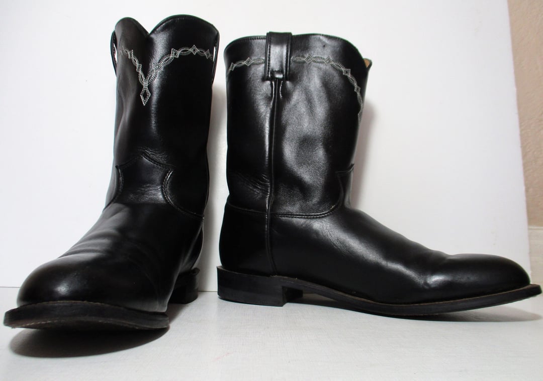 Vintage Justin Roper Cowboy Boots, Black Leather, Gray Stitching, Size