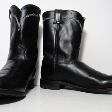 Vintage Justin Roper Cowboy Boots, Black Leather, Gray Stitching, Size 13D Men 