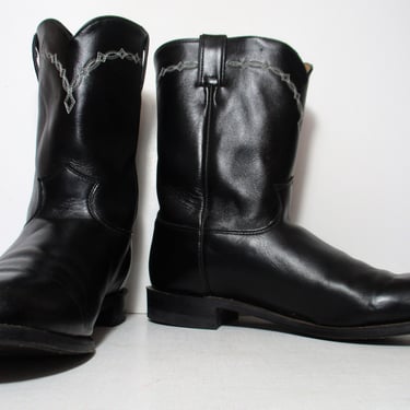 Vintage Justin Roper Cowboy Boots, Black Leather, Gray Stitching, Size