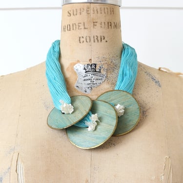 vintage 1990s turquoise blue statement necklace • artsy bohemian oversized disc & yarn necklace 