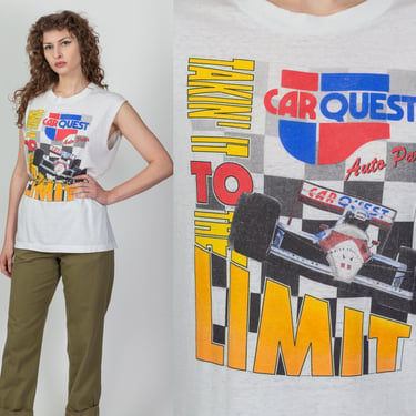 90s "Take It To The Limit" Indycar Racing Tank Top - Men's Medium, Women's Large | Vintage White Retro Race Car Graphic Muscle Shirt 