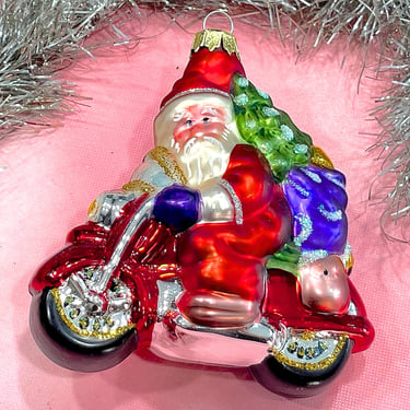 VINTAGE: Large Glass Santa on Motorcycle Ornament - Blown Figural Glass Ornament - Christmas - Holidays 