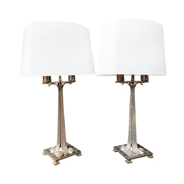 Pair of Art Deco Mixed-Metal Candelabra Table Lamps in the Style of Edgar Brandt