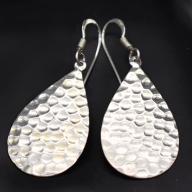 80's hammered sterling hippie teardrop dangles, textured 925 silver psychedelic boho earrings 