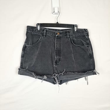 Vintage 90s Black High Rise Denim Shorts, Size 36 Waist 