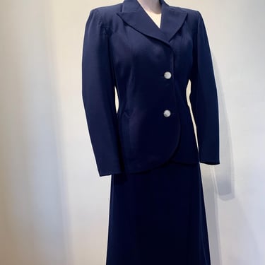 1940's Navy Gabardine Suit -  2 Piece Worsted Wool - Shoulder Pads - Lined Jacket - Cool Buttons - Small to Medium - 27 Inch Waist 