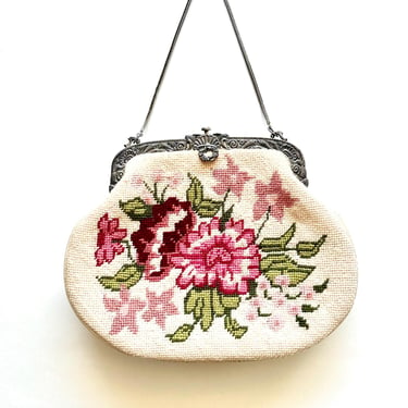 Vintage 1950s Petite Point Bag Embroidered Floral Tapestry Clutch Rose 50s White Handbag 