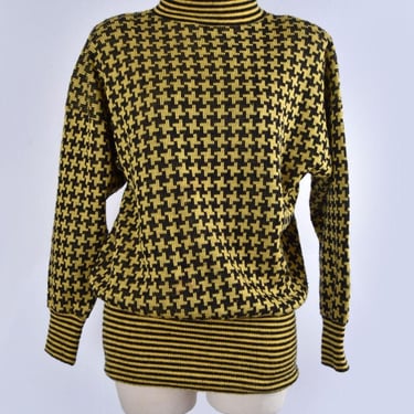 1980's Yellow & Black Sweater Women's Pullover Mock Turtleneck Tunic Oversized Mini Dress Hip Hugging Houndstooth stripe New Wave Vintage 