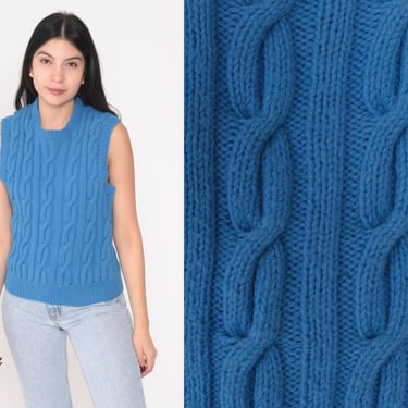 Blue Sweater Vest 80s Cable Knit Tank Top Sleeveless Sweater Pullover Retro Preppy Knitwear Simple Basic Plain Acrylic Vintage 1980s Small S 