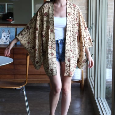 Kimono Robe, One Size Women, Vintage, Pale Yellow Brown Floral Design 