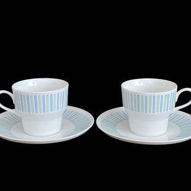 Vintage Mid Century Modern PAIR of Paul Mccobb Contempri STICKS Cups and Saucers Jackson Internationale Japan White, Blue, & Green Design 