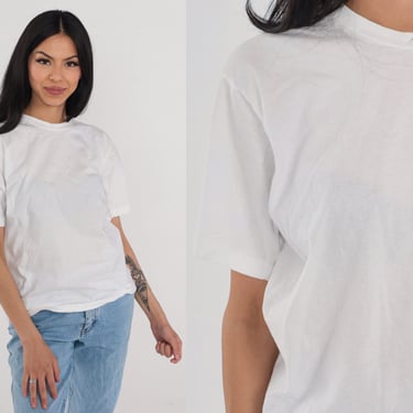 White T-Shirt 80s Plain TShirt Retro Crewneck Tee Basic Short Sleeve Crew Neck Solid Top Minimalist Casual Vintage 1980s Cotton Large L 