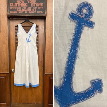 Vintage 1920’s Nautical Themed Cotton Beach Pajamas Playsuit Outfit, 1920’s Beach Pajamas, Vintage Playsuit, Palazzo Pant, Anchor Appliqué, 