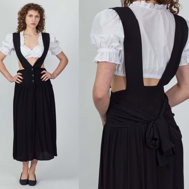 Vintage Black Pinafore Suspender Dress - Small | 80s 90s Button Up Jumper Midi 