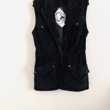 Springwest Vintage Black Genuine Leather Suede Sleeveless Snap Button Vest Belted Small 