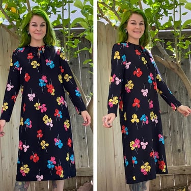 Vintage 1970’s Black Long Sleeve Floral Dress 