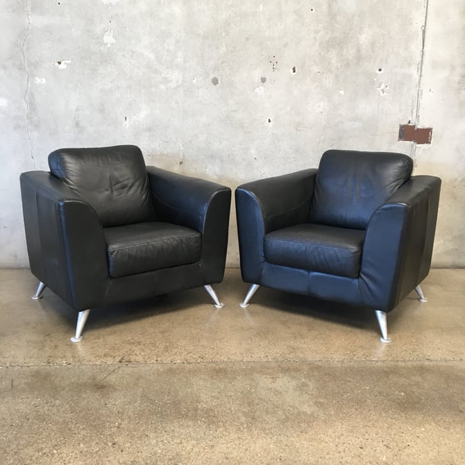 Pair of Vintage Black Leather Club Chairs
