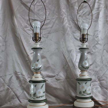 Vintage Pair of Hand Painted Porcelain Table Lamps MCM Mid Century 