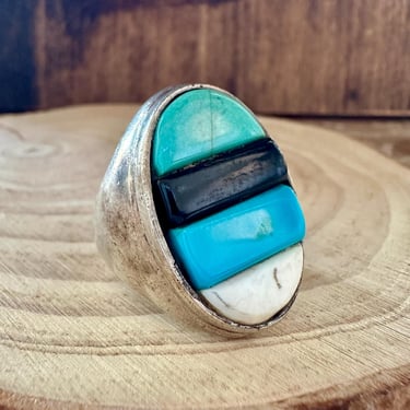 VINTAGE FOUR STACK Turquoise Onyx Silver Inlay Mens Ring | White Howlite | Large Statement | Southwestern Jewelry | Size 9 