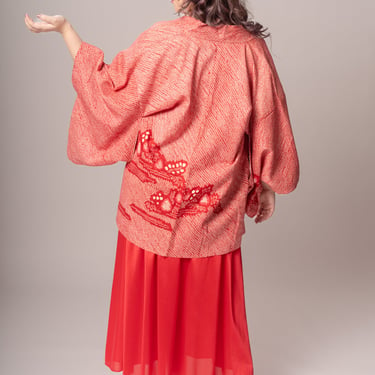 Red Silk Shibori Haori Jacket