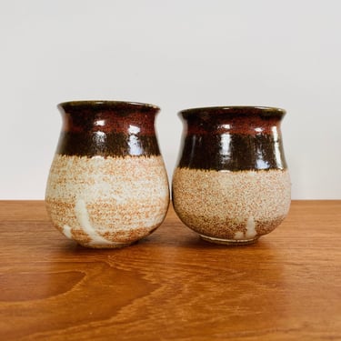 Pair of vintage studio pottery tea mugs / handmade ceramic cups or spice jars / boho earthy farmhouse decor 