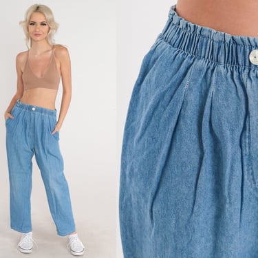 Elastic Waist Jeans 80s Mom Jeans High Waisted Rise Tapered Jeans Retro Pleated Relaxed Stretchy Waistband Blue Cotton Vintage 1980s Small S 