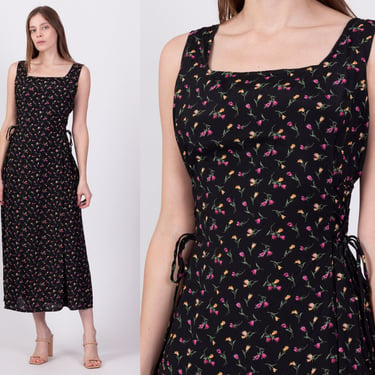 90s Black Floral Cinched Waist Sundress - Large to XL | Vintage Boho Grunge Ankle Length Sleeveless Dress 