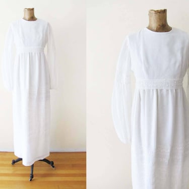 Vintage 70s White Embroidered Maxi Dress XS S - Spring Gauze Cotton Romantic Cottage Long Sleeve Dress 