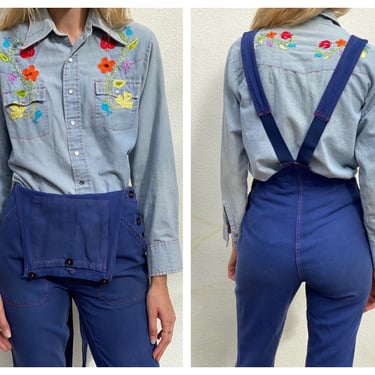 1970's Embroidered Chambray Shirt / Lightweight Cotton Shirt / Western Snap Up Button Up Shirt Denim Shirt / Floral Embroidery Western Top 