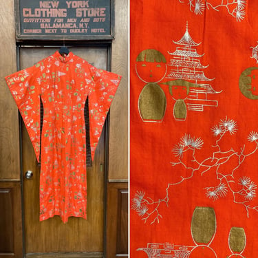 Vintage 1950’s Shaheens Asian Theme Cotton Pake Muu Tiki Batwing Hawaiian, Vintage Pake Muu, Hawaiian Dress, Tiki Dress, Batwing Sleeve, 