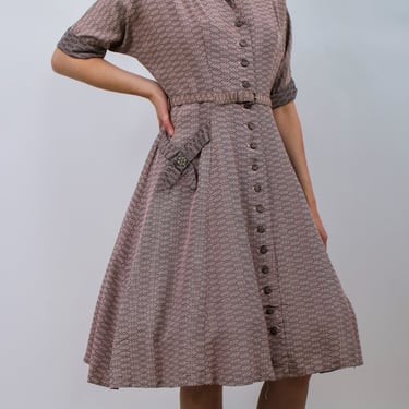 1950s Pink and Black Striped Shirtwaist Cocktail Dress