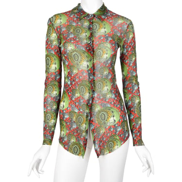 Jean Paul Gaultier Vintage AW 1996 Green Multicolor Psychedelic Print Mesh Button Up Shirt