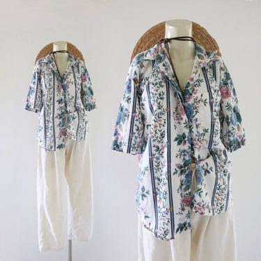 cotton garden top - l - vintage 80s 90s womens floral cute short sleeve blouse shirt cottage cottagecore 