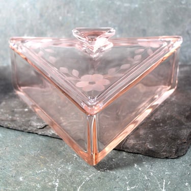 Pink Depression Glass Covered Candy Dish | Pink Triangular Candy Dish with Etched Glass Cover | Circa 1940s/50s | Bixley Shop 