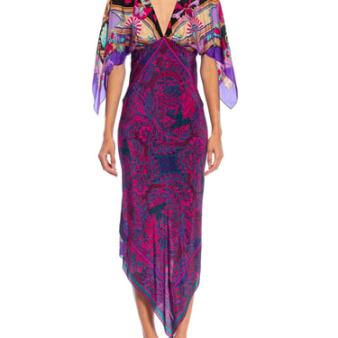 MORPHEW COLLECTION Purple, Black & Pink Silk Floral 2-Scarf Dress Made From Vintage Scarves 