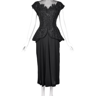 Vintage 1940s Black Beaded Rayon Peplum Dress