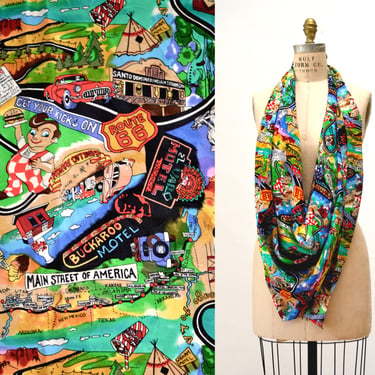 90s Vintage Vacation Roadtrip Scarf Nicole Miller Silk Large Scarf with America USA Vacation Scarf Pop Art Large Scarf 