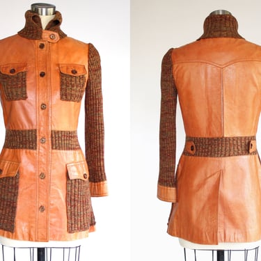 1970s Lambskin Leather and Wool Knit Vintage Coat Made in Italy - Vintage Rust Orange Shawl Collar Hip Length Jacket - Small 