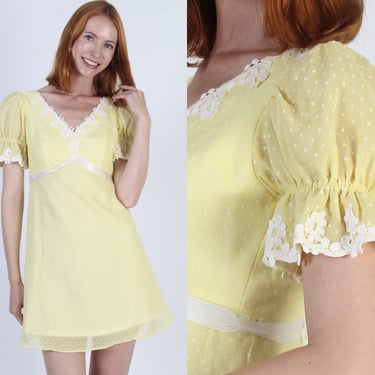 Thin Yellow Swiss Dot Mini Dress, Sheer Material Polka Prairie Print, Vintage 70s Puff Sleeve Prairie Belted Frock 