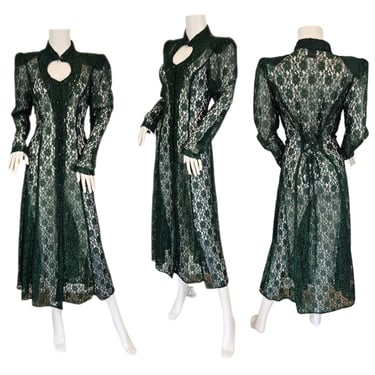 1980's Green Lace Sheer Button Up Corset Waist Dress I Sz Med I Heart Cutout I Joni Blair 