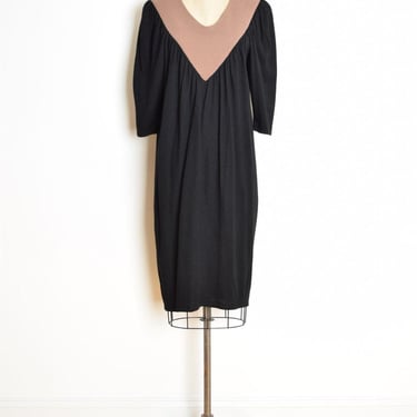 vintage 80s dress knit wool jersey black brown futuristic space age midi M clothing 