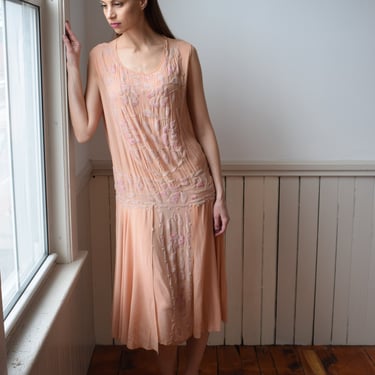 1920s Ballet Pink Beaded Silk Gown | S/M | Antique Vintage 20s Silk Flapper Dress w Dropped Waist and Seed Bead Decoration 