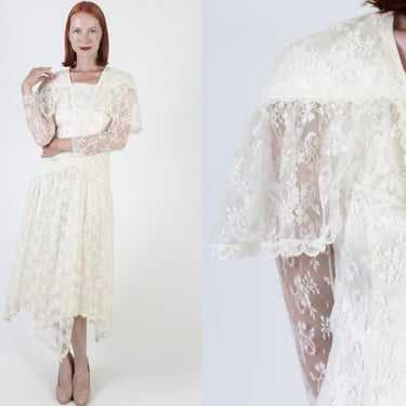 Victorian Gunne Sax Dress, 80s Romantic Floral Lace, Asymmetrical Hemline, Wide Collar Lawn Midi 