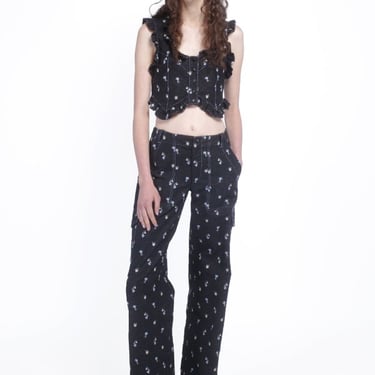 Anna Sui Denim Embroidered Roses Cargo Pants - Black Multi