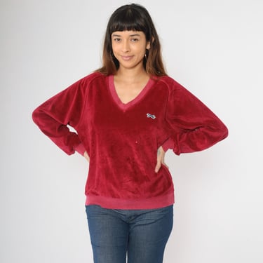 Vintage Raspberry Red Velour Sweatshirt 80s Fox V Neck Soft Long Sleeve Sweater Normcore Retro Top Basic Sporty 1980s Pullover Large L 