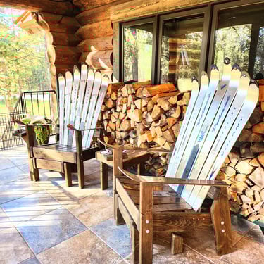 Set of 5 - Volant Steel Ski chairs, made of repurposed skis + (2) Ottomans & (1) side table, Original Skis, Ski Decor, Mountain Home Decor 