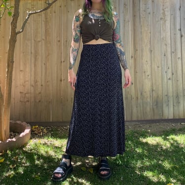 Y2K 2000’s Long Black Stretchy Skirt with Tiny White Floral Print 