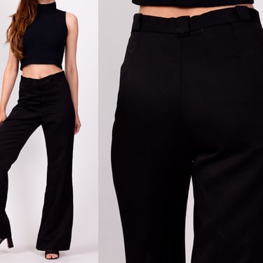 70s Black High Waisted Flared Pants - Petite Small, 26" | Vintage Minimalist Retro Flares Hippie Trousers 