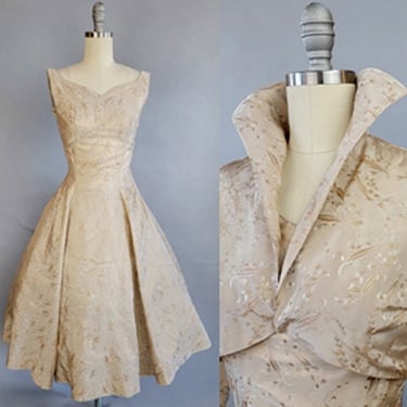 1950s Party Dress / 1950s Champagne Brocade Dress Set / 1950s Casual Wedding Dress / Size Small 